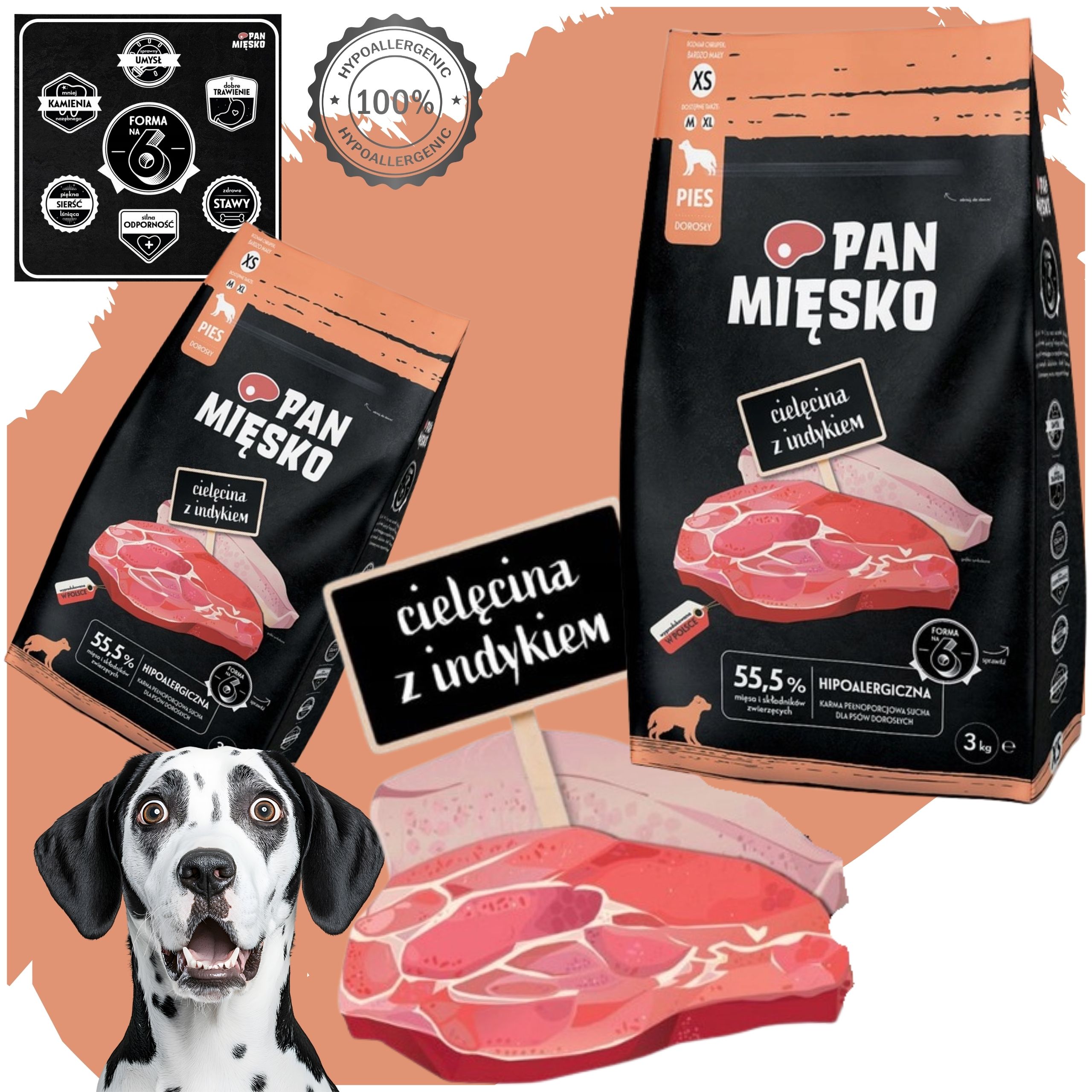 Sucha karma dla psa Cielęcina z indykiem Pan Mięsko hipoalergiczna XS 3 kg