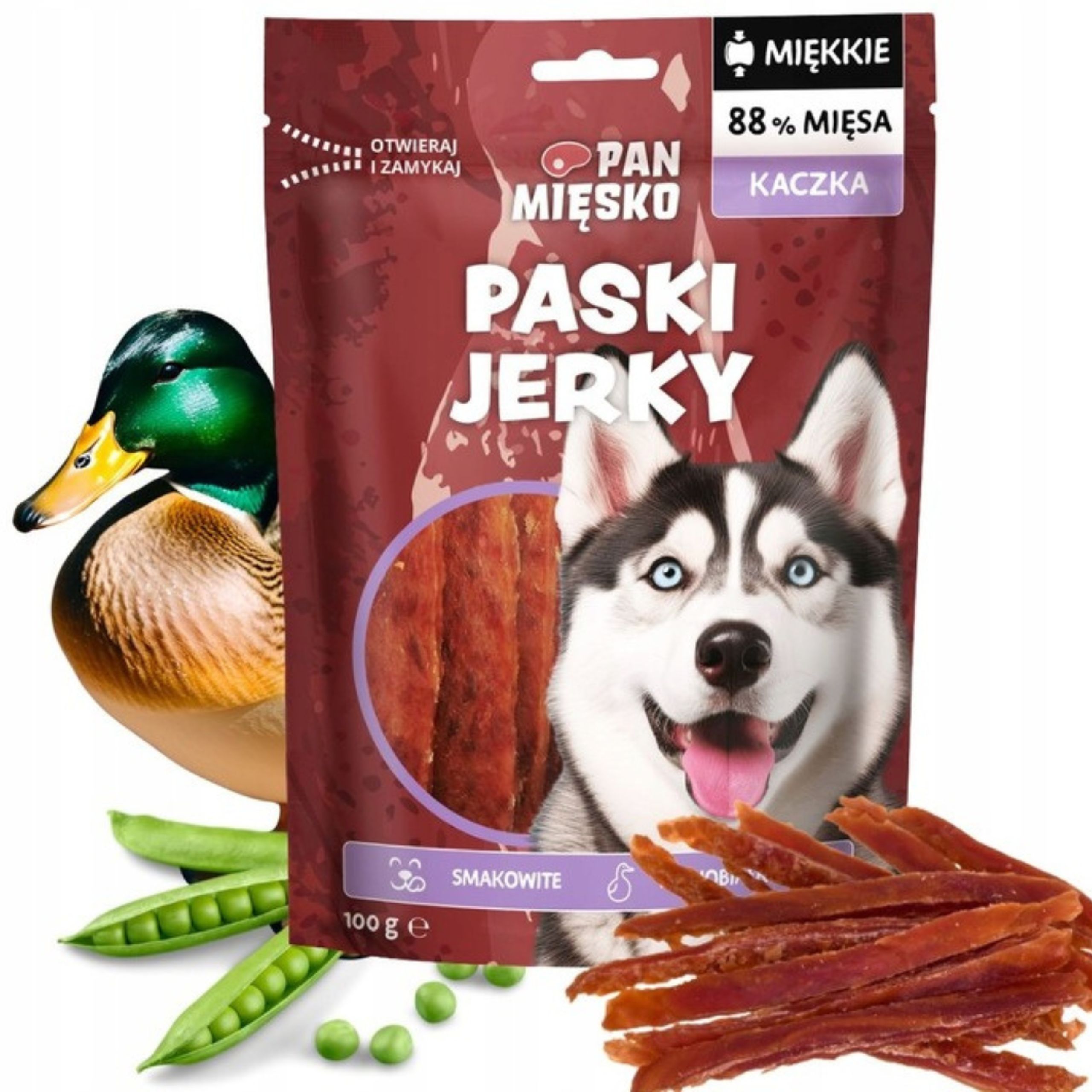 Przysmaki dla psa Pan Mięsko Paski Jerky Kaczka 100g monobiałkowe miękkie