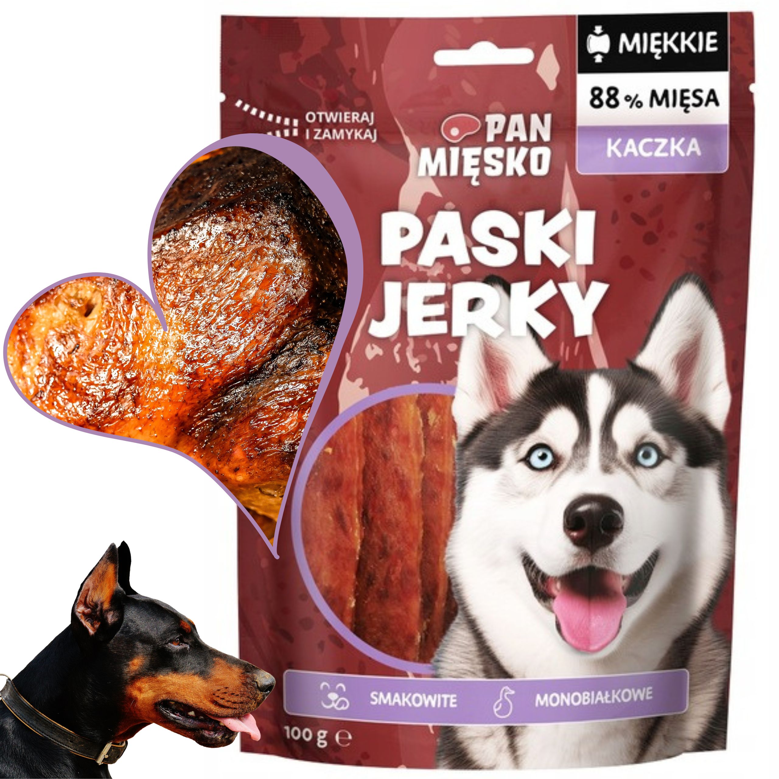 Przysmaki dla psa Pan Mięsko Paski Jerky Kaczka 100g monobiałkowe miękkie