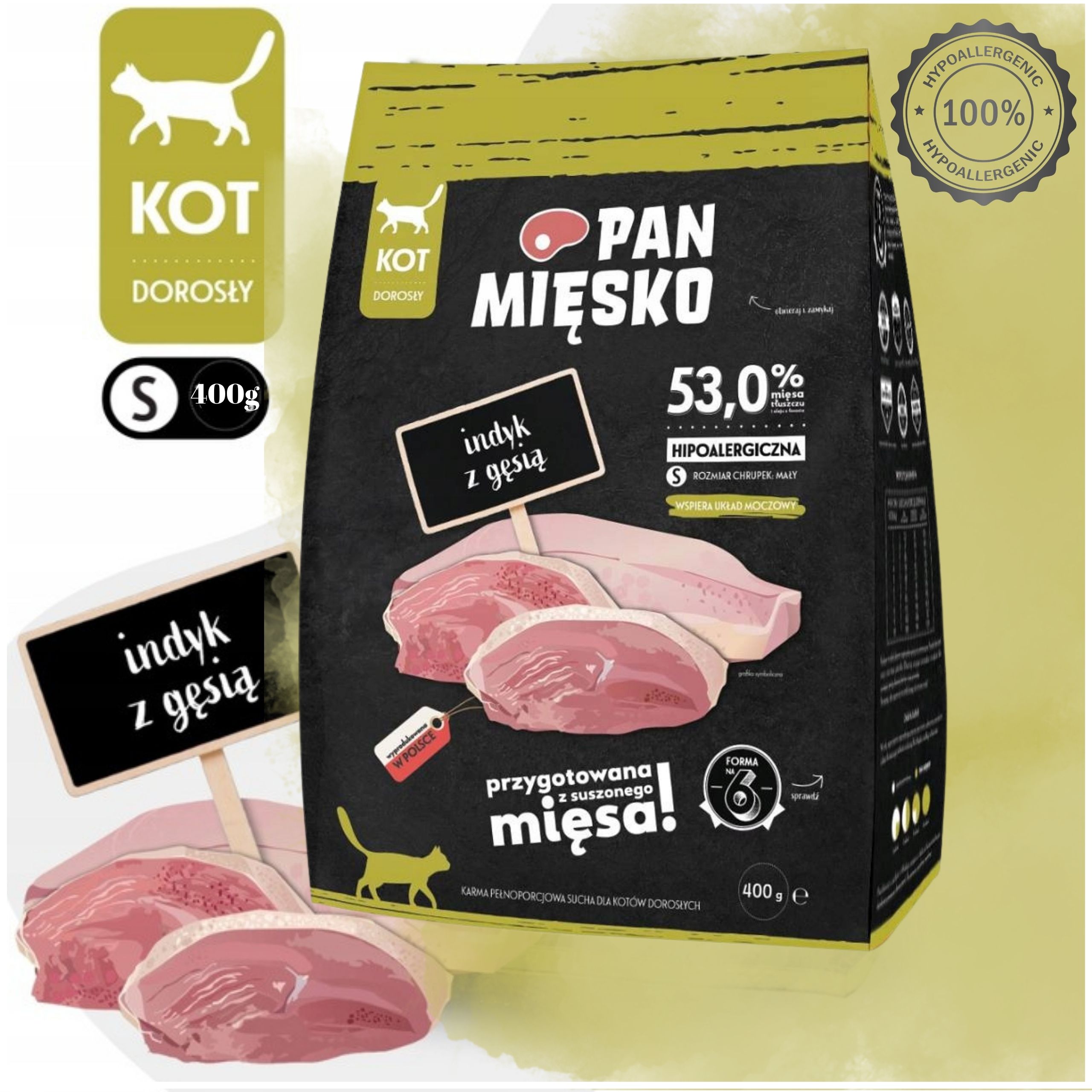 Sucha karma dla kota Indyk z gęsią Pan Mięsko hipoalergiczna chrupki S 400g