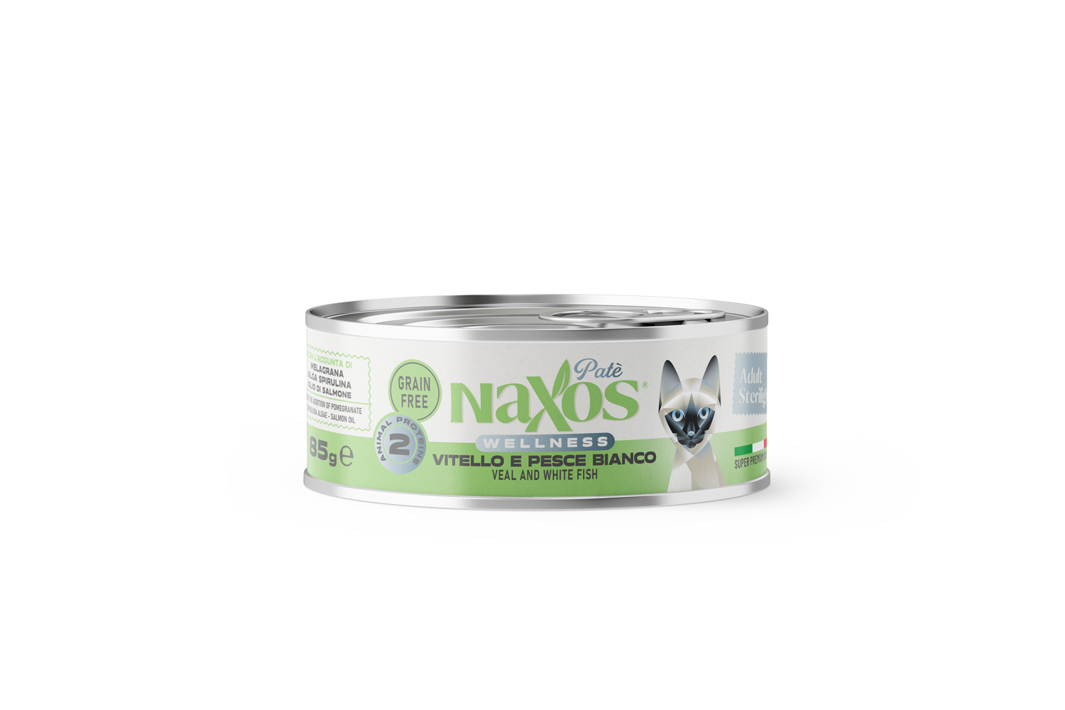 NAXOS CAT STERILIZED - cielęcina i biała ryba - puszka dla kotów sterylizowanych 85g
