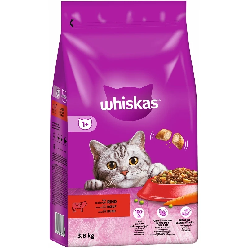 Whiskas Adult Sucha Karma Pełnoporcjowa Dla Dorosłych Kotów Z Pyszną Wołowiną 3,8kg