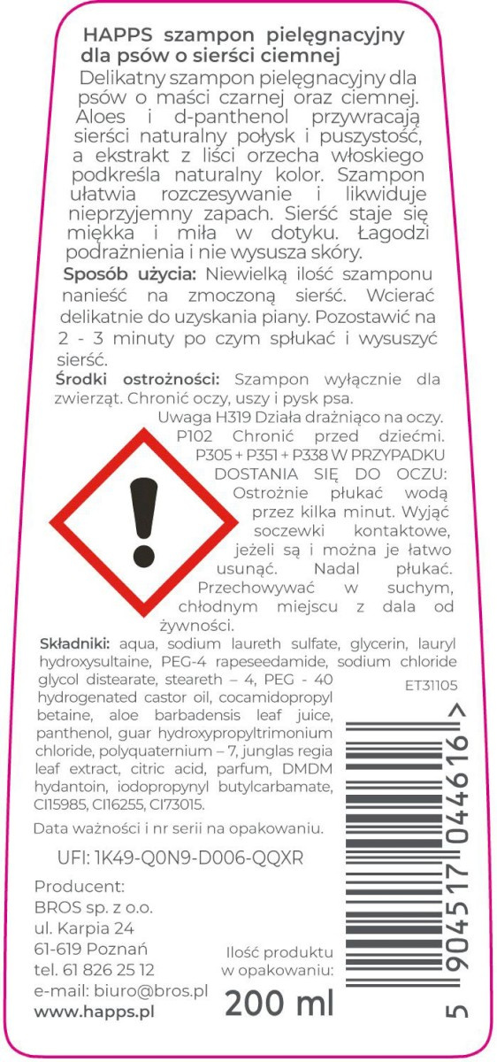 Bros Happs Szampon Pielęgnacyjny Dla Psów O Sierści Ciemnej 200ml