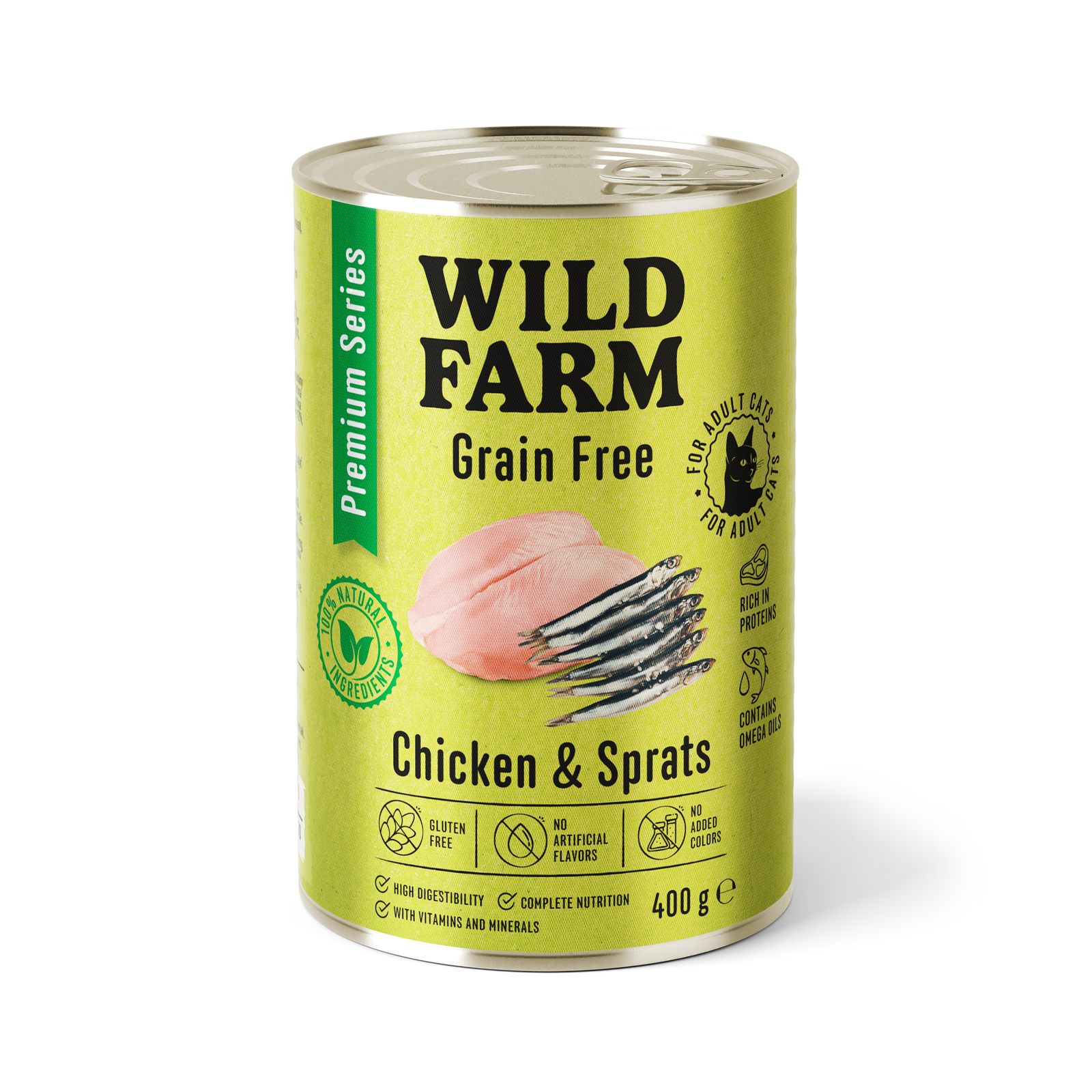 WILD FARM Premium Grain Free Chicken and Sprats 400g  - bezzbożowa karma dla kota