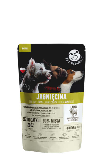 PetRepublic drobno siekane kawałki w delikatnym sosie - jagnięcina 100g dla psa