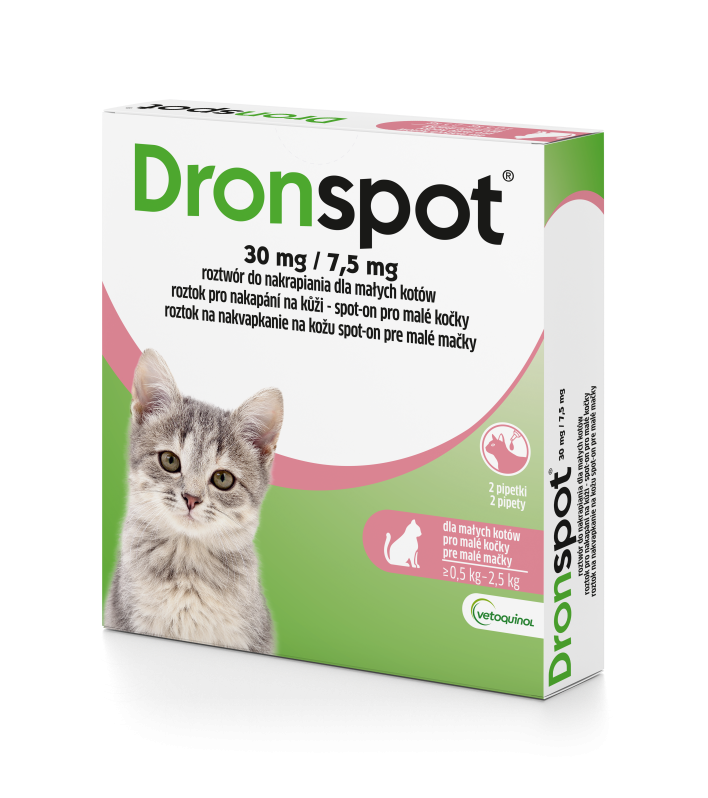 Vetoquinol Dronspot Roztwór Do Nakrapiania Dla Małych Kotów 0,5–2,5 Kg 30 Mg/7,5 Mg 2x0,35 ml