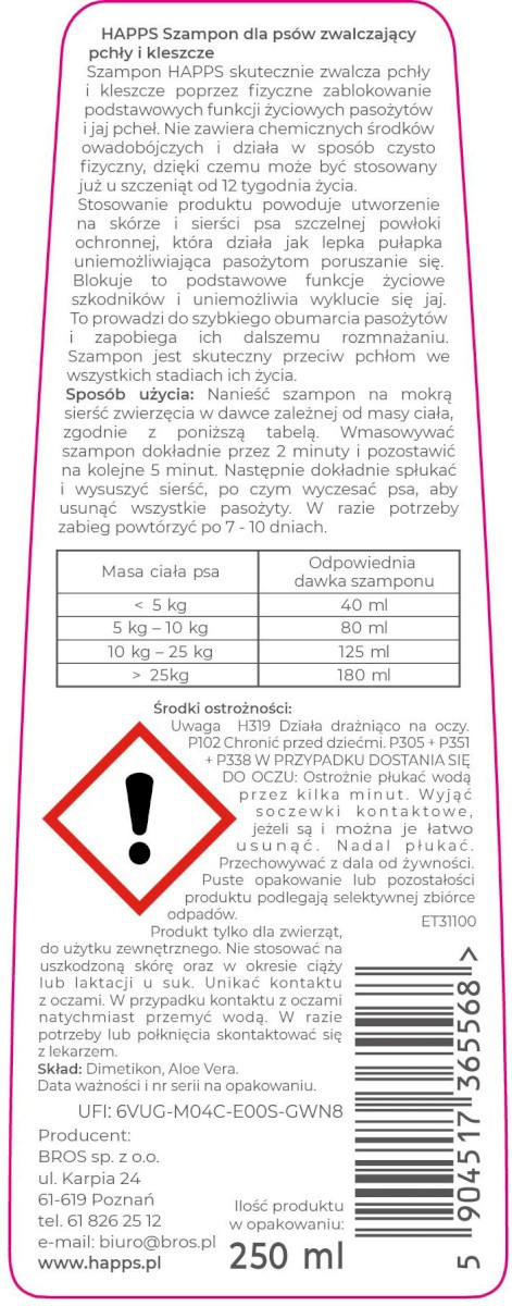 HAPPS Szampon dla Psów Zwalczający Pchły i Kleszcze 250 ml