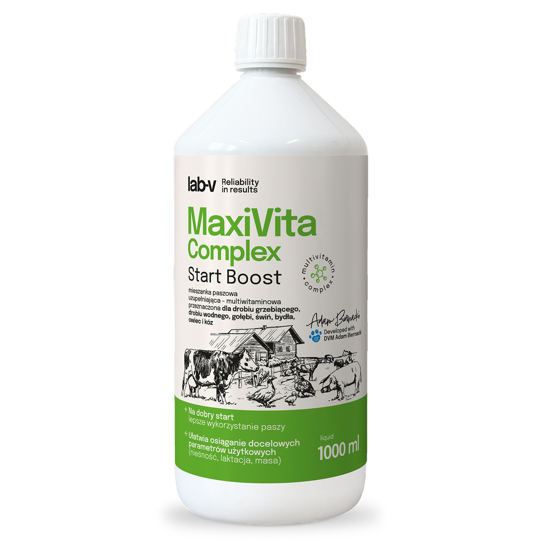 Lab-v MaxiVita Complex — płynna multiwitaminowa mieszanka paszowa uzupełniająca dla drobiu, gołębi i zwierząt gospodarskich, 1000 ml