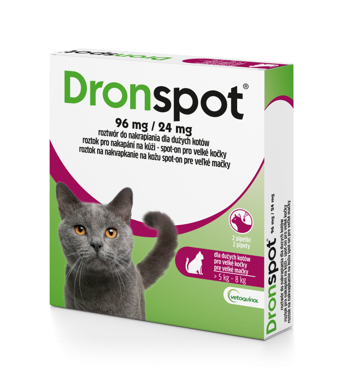 VETOQUINOL Dronspot krople odrobaczające spot-on dla dużych kotów 5-8 kg (2 x 1,12 ml)