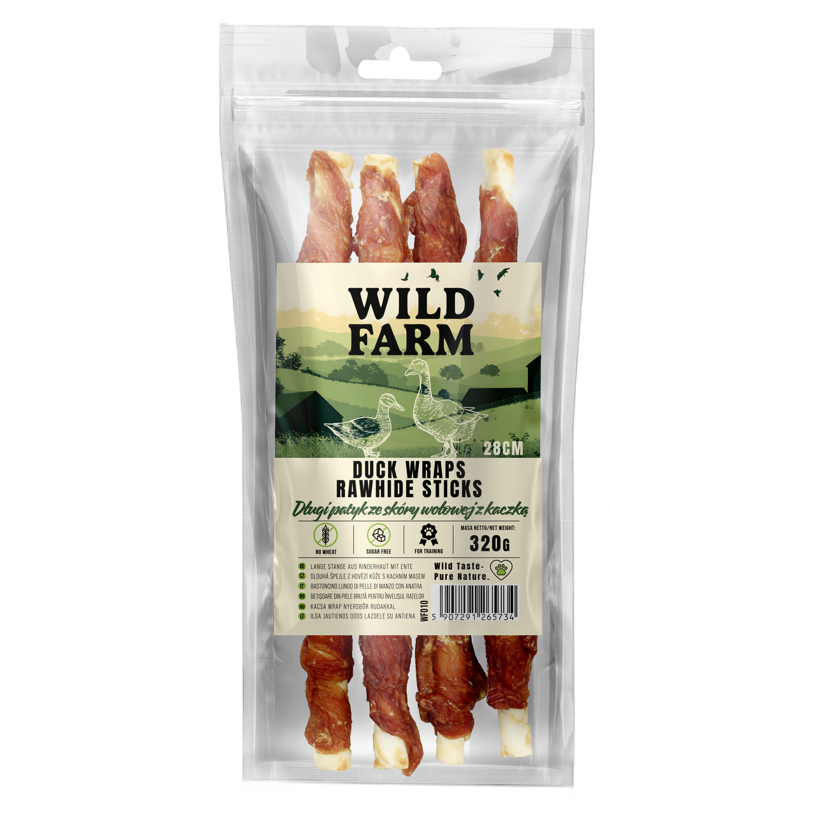 WILD FARM Długi Patyk Ze Skóry Wołowej Z Kaczką 28CM 320G Przysmak Dla Psa